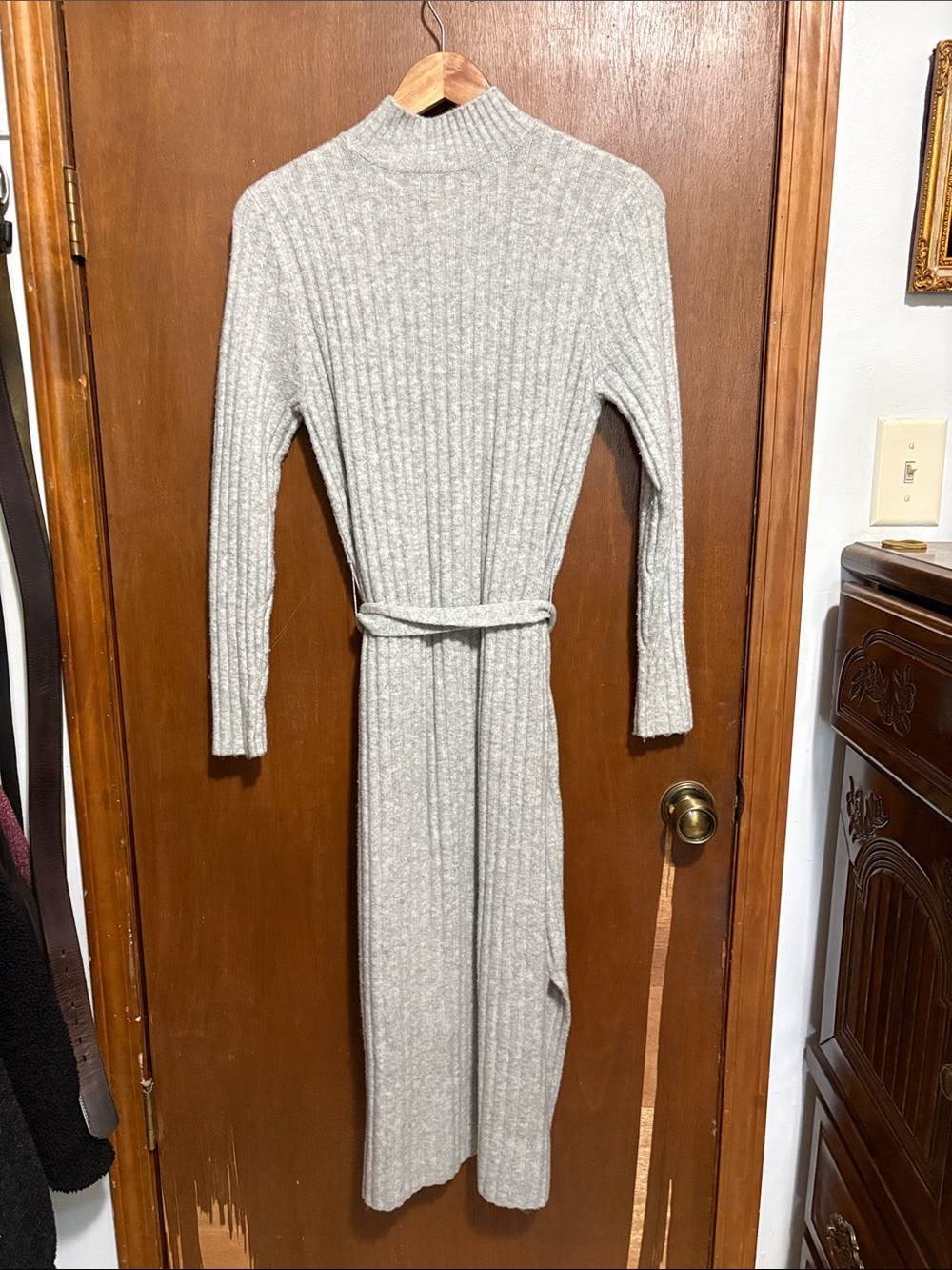 LOFT Light Gray Ribbed Turtleneck Sweater Dress with Self Tie - Picture 3 of 4